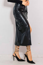 Vegan Leather Cargo Midi Skirt